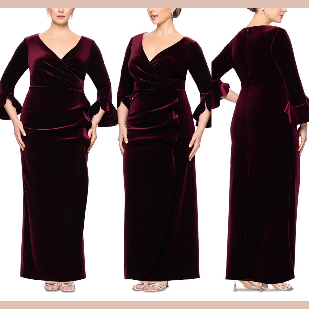 NWT‎ $248 Betsy & Adam [ 10 ] Quarter Sleeve V Neck Velvet Gown in Wine #Q1267